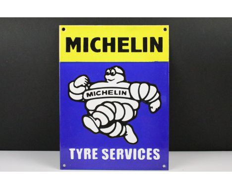 Michelin Man ' Tyre Services ' enamel sign featuring Mr Bidendum running, 30cm x 23cm 