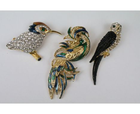 Three Large Costume Jewellery Bird Enamel and Crystal set Brooches in the form of a Parrot, Kingfisher and Exotic Bird, large