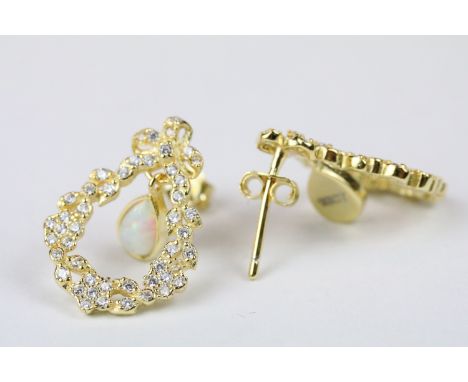 Pair of belle epoque style CZ earrings with opal drops 