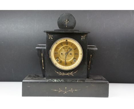 Art Deco style slate mantel clock with marble &amp; gilt detail, the gilt dial with Roman numerals, with key, approx 34cm wid