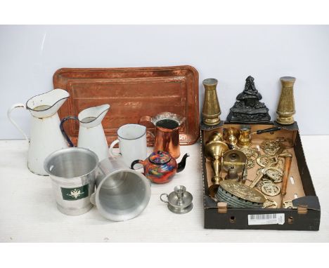 Mixed metal ware to include enamel jugs, copper tray, brass vases, candlesticks, etc. (2 trays) 