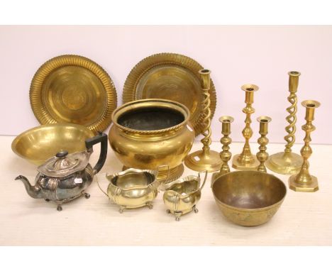 Collection of silver plate and brassware to include: brass jardiniere, three pairs of brass candlesticks, a three piece silve