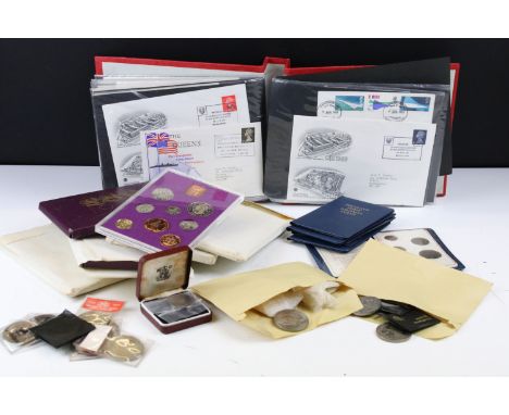 Collection of coins / coin sets to include five proof year sets and a quantity of commemorative crowns, together with an albu