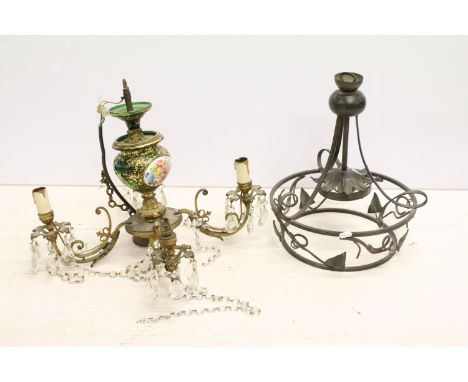 Continental brass four branch electrolier, the green glass body decorated in gold, with oval porcelain panel painted with flo
