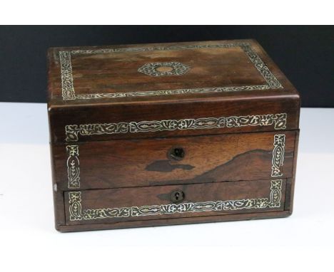 Victorian rosewood table top work box with mother of pearl inlay, opening to internal compartments, with lower drawer. Measur