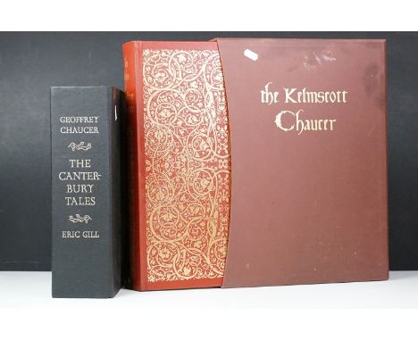Books - The Folio society - Geoffrey Chaucer - The Canterbury Tales - Eric Gill (in outer box), and The Works of Geoffrey Cha