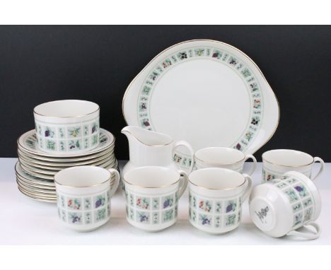 Royal Doulton tapestry pattern tea set to include six cups and saucers, sugar bowl, jug, and side plates and plate. 