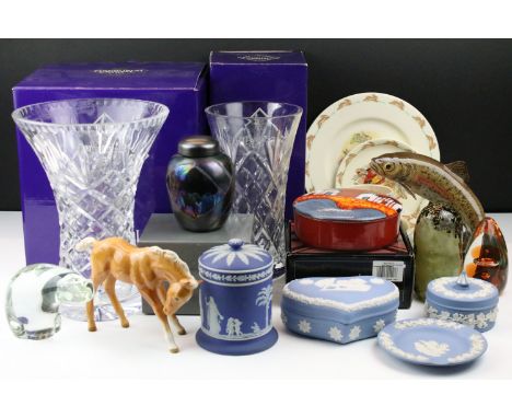 Mixed glass &amp; ceramics to include Poole Pottery (featuring Beach Huts trinket box), Edinburgh Crystal, Beswick, Royal Dou
