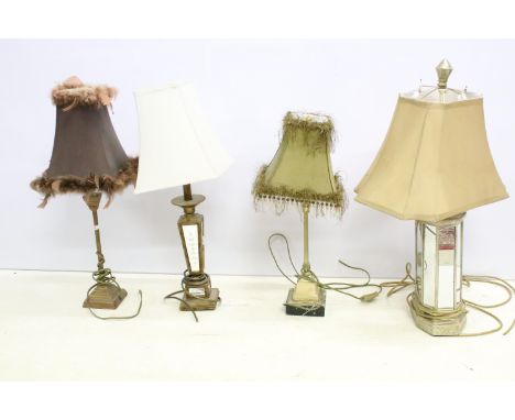 Group of four vintage style table lamps to include a table lamp with bevelled glass floral mirror panels, a further mirrored 