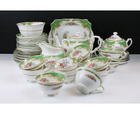 Tuscan green ground floral tea ware to include 'Naples' and 'Windsor' pattern, featuring tea pot, sugar basin, cups &amp; sau