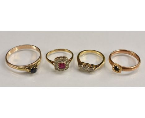 Rings - a illusion set diamond trilogy ring, white metal crown collar, 18ct gold shank, size G, 2.3g gross;  a 9ct gold  clus