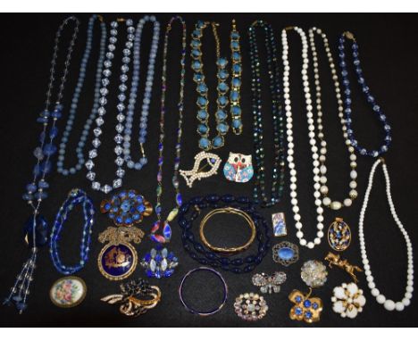 Costume Jewellery - a pottery multi blue tone bead necklace;  others brooches inc novelty fish, flowers, etc, bangles, cuffli