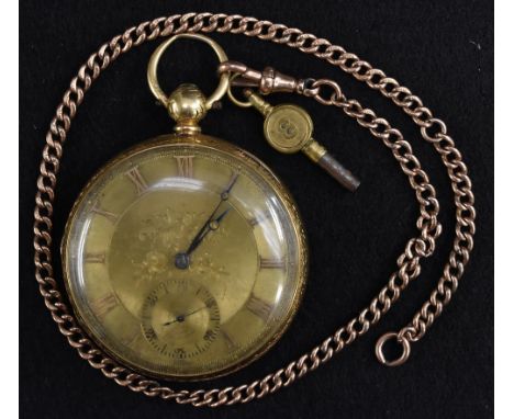 An 18ct gold open faced pocket, John Williams, London, gilt floral dial, bold Roman numerals, minute track, subsidiary second