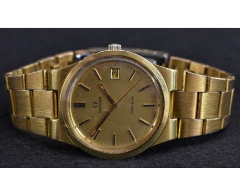 Omega - a vintage gentleman's gold plated Geneve wristwatch, gilt dial, block batons, centre seconds, minute track, date aper