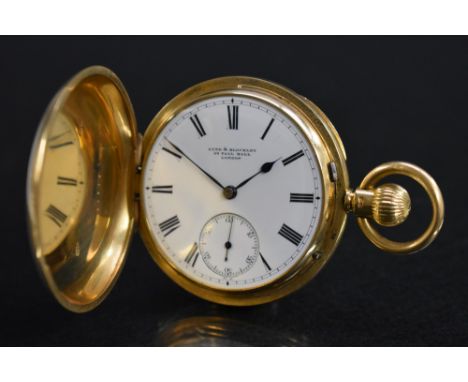 A gentleman's 18ct gold full hunter pocket watch, Lund & Blockley, 42 Pall Mall, Makers to the Queen,  white enamel dial, bol