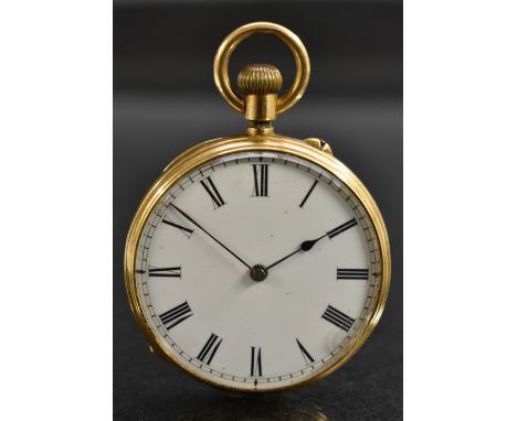 An 18ct gold lady's open face pocket watch, white enamel dial, bold Roman numerals, minute track, spade hands, button wind mo
