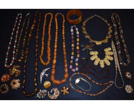 Costume Jewellery - an amber coloured bead  necklace;  others similar smaller;  others, Tiger eye, paste, gilt metal retro br