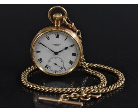 J W Benson  - a 9ct gold open face pocket watch, white enamel dial, bold Roman numerals, minute track, subsidiary seconds, bl