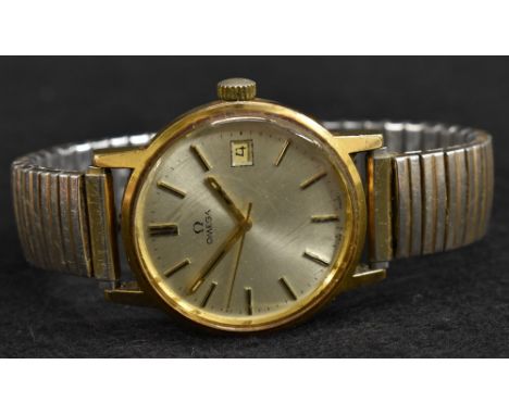 Omega - a vintage gentleman's gold plated wristwatch, silvered dial, block batons, centre seconds, minute track, date apertur
