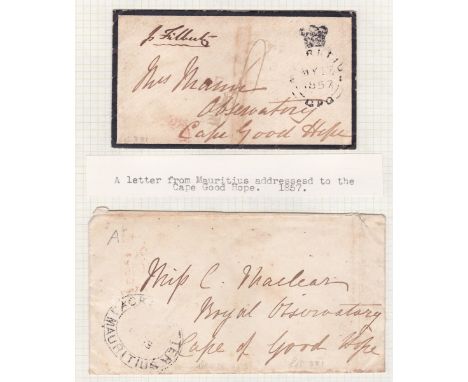 MAURITIUS POSTAL HISTORY , two pre paid envelopes sent to Cape of Good Hope: 1857 mourning envelope with "Mauritius GPO" crow