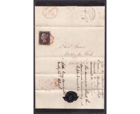 POSTAL HISTORY : Plate 2, close margin example tied to a mourning entire, sent from Dover to Lincoln on 29th May 1840, an att
