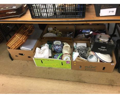 Five boxes of miscellaneous, including picnic hamper, Ringtons and Maling etc.