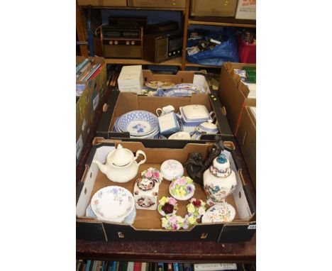 Three boxes of miscellaneous china, including Coalport and two Nao figures