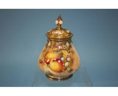 A Royal Worcester vase and cover, decorated with peaches and grapes, signed black print mark, H 291 B, 16.5cm high