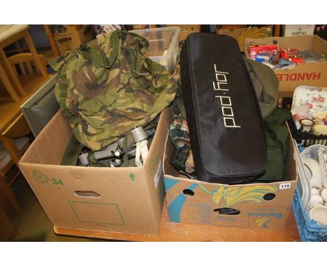 Two boxes of assorted, including army Bergen and holdall, tweed coat and shooting accessories