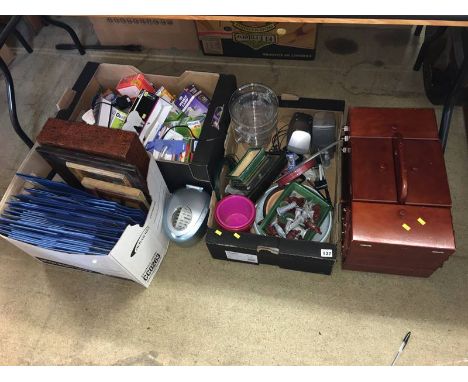 Three boxes of assorted, including sewing box, large clock and Rupert the Bear print