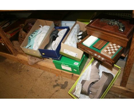 A shelf of ladies shoes and fur coat