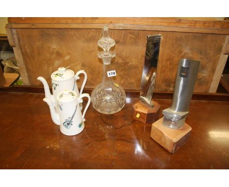 Two pieces of Royal Worcester, glass decanter and two turbine blades