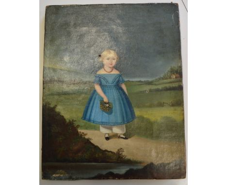 Unsigned naive English School portrait of a young girl on a path with a basket of flowers in landscape, 10 1/4" x 8 1/4"