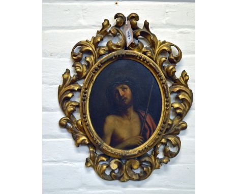 19th Century oval oil on board, half length portrait of Christ in carved giltwood frame