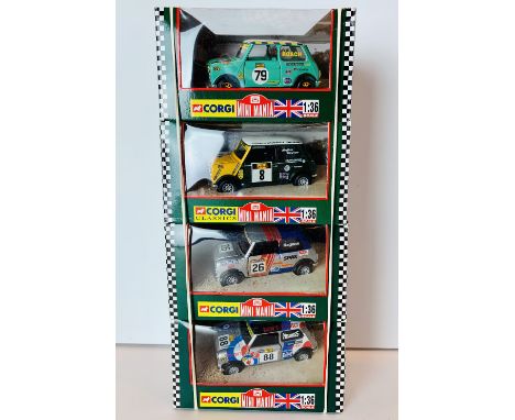 Four Corgi Rally 1/36 Mini Mania assorted Mini Cooper diecast model cars boxed
