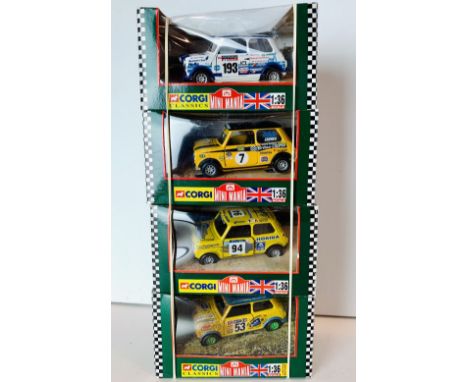 Four Corgi Rally 1/36 Mini Mania assorted Mini Cooper diecast model cars boxed