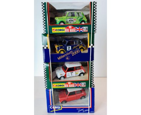 Four Corgi Rally 1/36 Mini Mania assorted Mini Cooper diecast model cars boxed