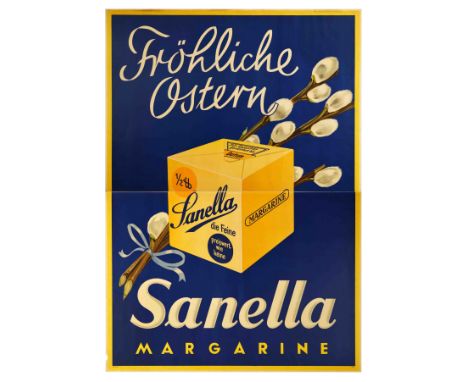 Original vintage advertising poster for Sanella margarine, featuring an illustration of a margarine in yellow packaging with 