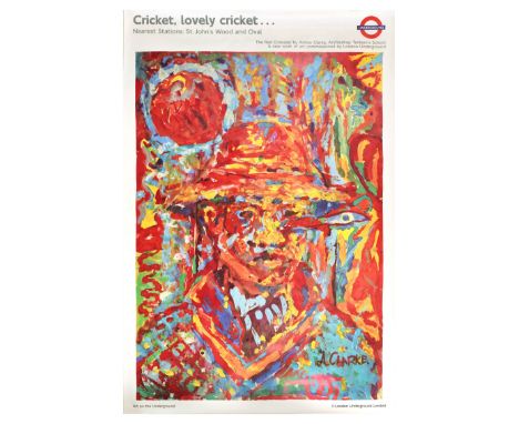 Original vintage London Underground poster for Cricket, lovely cricket... nearest stations St John's Wood and Oval. Colourful