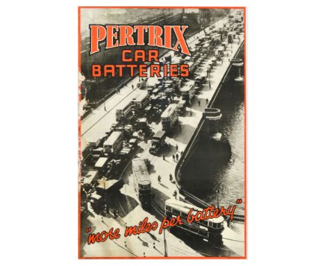 Original vintage advertising poster for Pertrix Car Batteries - more miles per battery, featuring a photograph of cars, truck