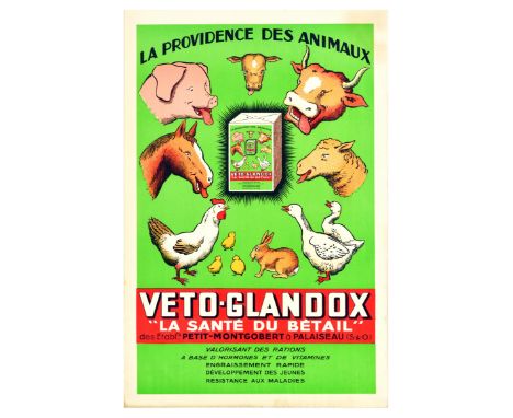 Original vintage advertising poster for Veto-Glandox vitamins for livestock, the poster features various farm animals - cow, 