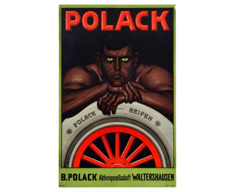 Original vintage advertising poster for Polack Reifen car tires by B.Polack Aktiengesellschaft Waltershausen featuring an ima