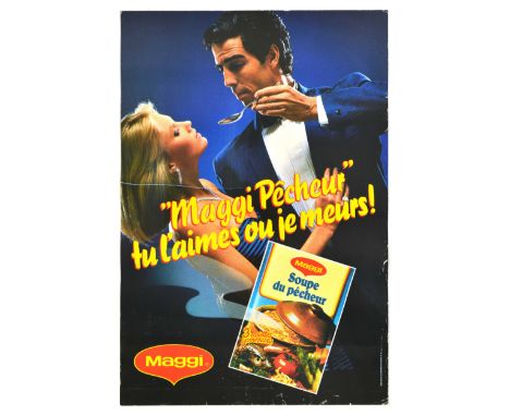 Set of seven original vintage advertising posters. 1. Maggi Pecheur fisherman’s soup featuring a photograph of a gentleman in