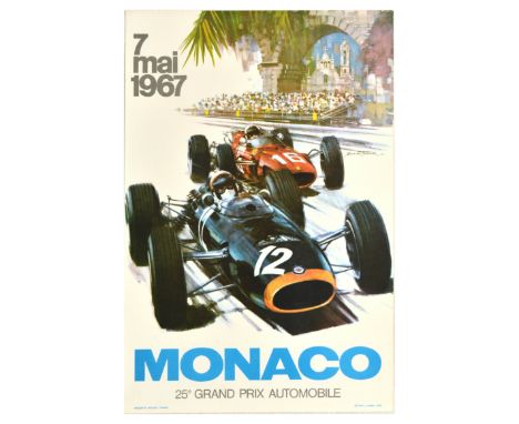 Original vintage F1 motor sport poster for the Monaco Grand Prix 1967 featuring a great design depicting a black and red Ferr