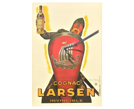 Set of five reproduction posters. 1. Cognac Larsen Invincible featuring a fun image of a warrior in full armour holding a bot