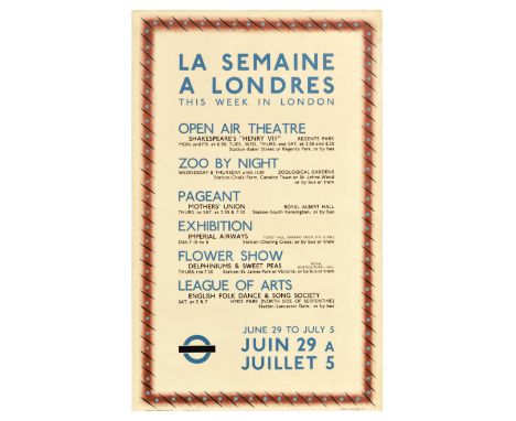 Original vintage travel advertising poster: La semaine a Londres / This week in London - Open air theatre Shakespeare’s Henry