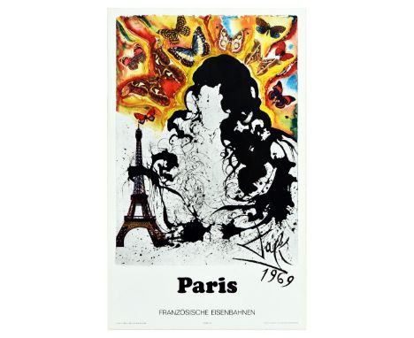 Original vintage travel poster advertising Paris featuring the Eiffel Tower with abstract lines and colourful butterflies des