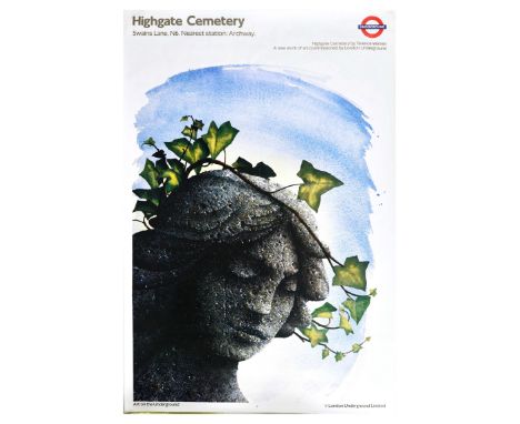 Original vintage London Underground poster for Highgate Cemetery Swains Lane N6 nearest station Archway. Stunning artwork dep