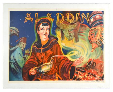Original vintage advertising poster for Aladdin featuring a colourful illustration of a lady holding the lamp with the Genie,