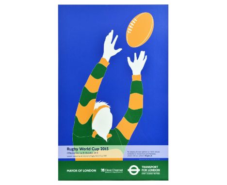 Original sport poster for Rugby World Cup 2015, featuring a great illustration of a rugby player in yellow and green uniform 